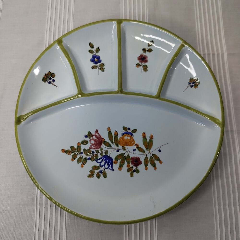 PV Peasant Village Italy Blue Floral Flower Italian Pottery 9.25" Divided Plate